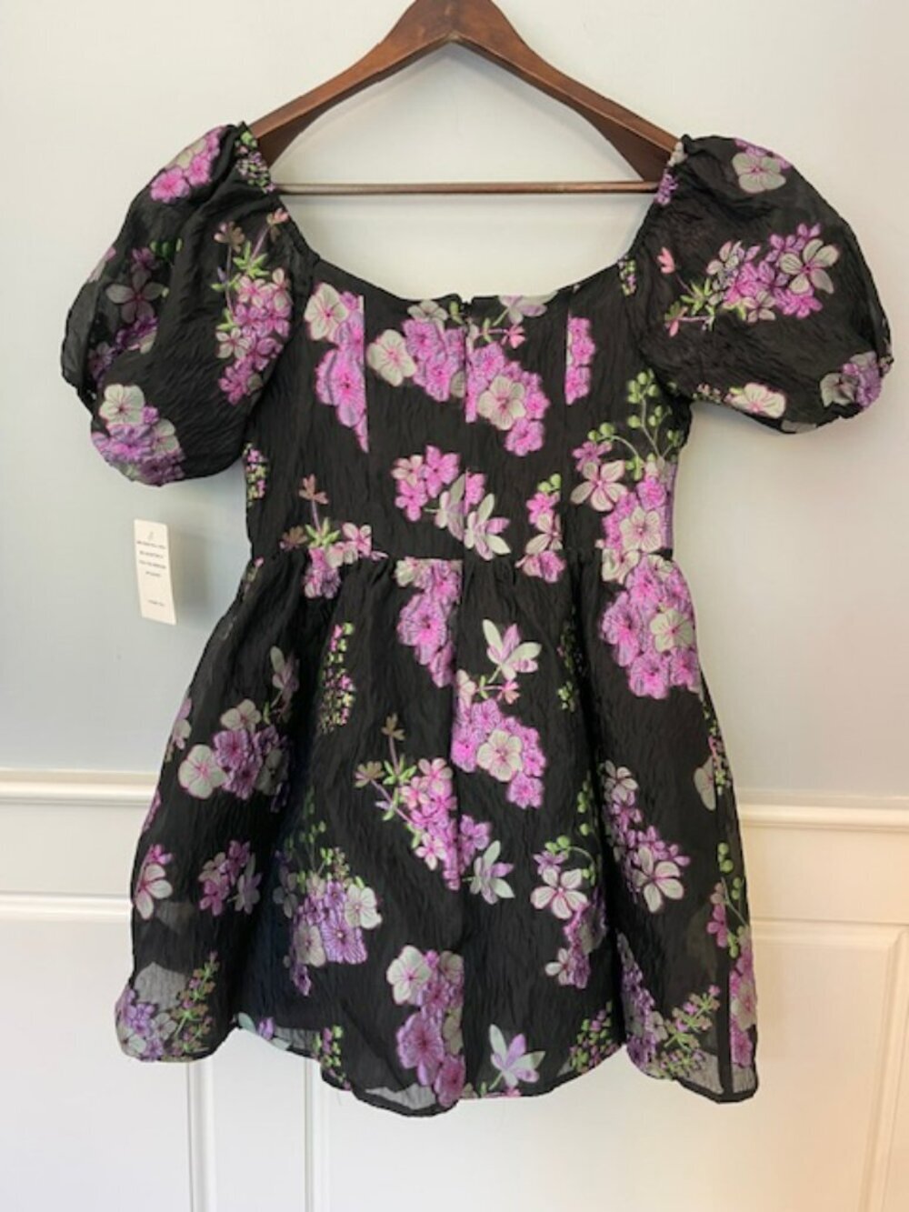 For Love & Lemons Puff Sleeve Floral Mini Dress Black Purple NWT Large - Picture 7 of 8